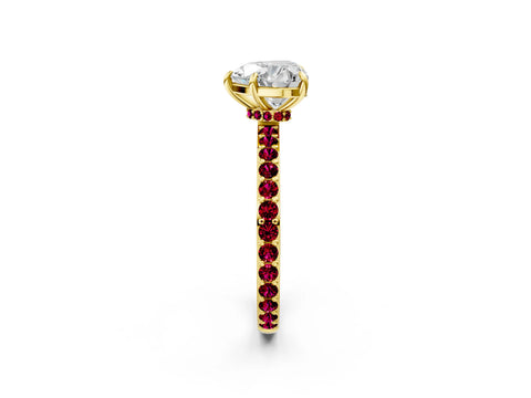 Yellow gold Heart Cut Diamond Pavé Engagement Ring with Round with Garnet side stone Accents and Prong Setting_2