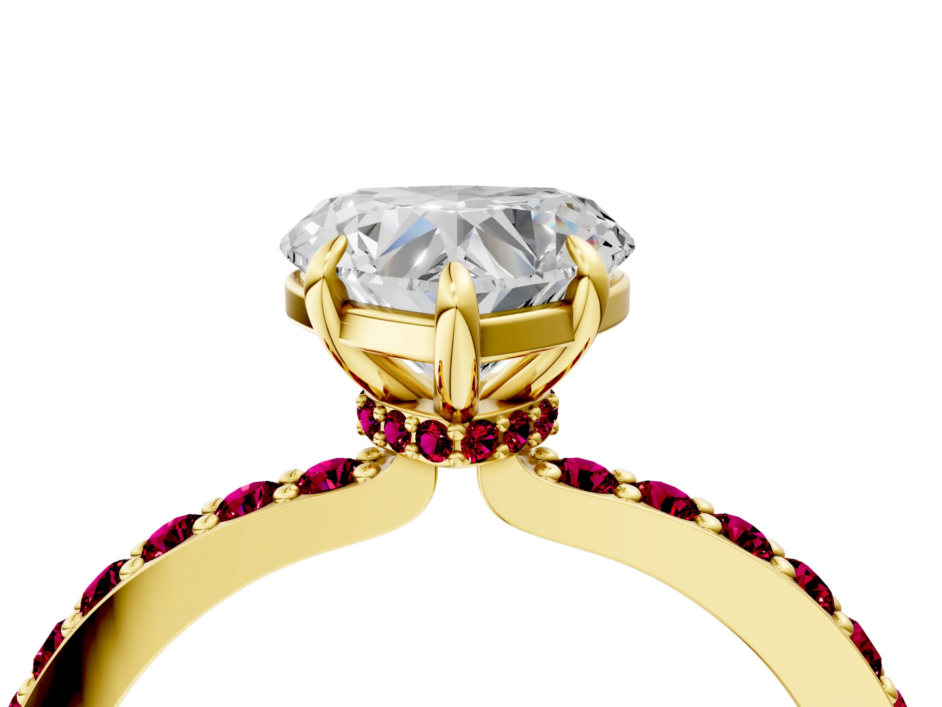 Yellow gold Heart Cut Diamond Pavé Engagement Ring with Round with Garnet side stone Accents and Prong Setting_4