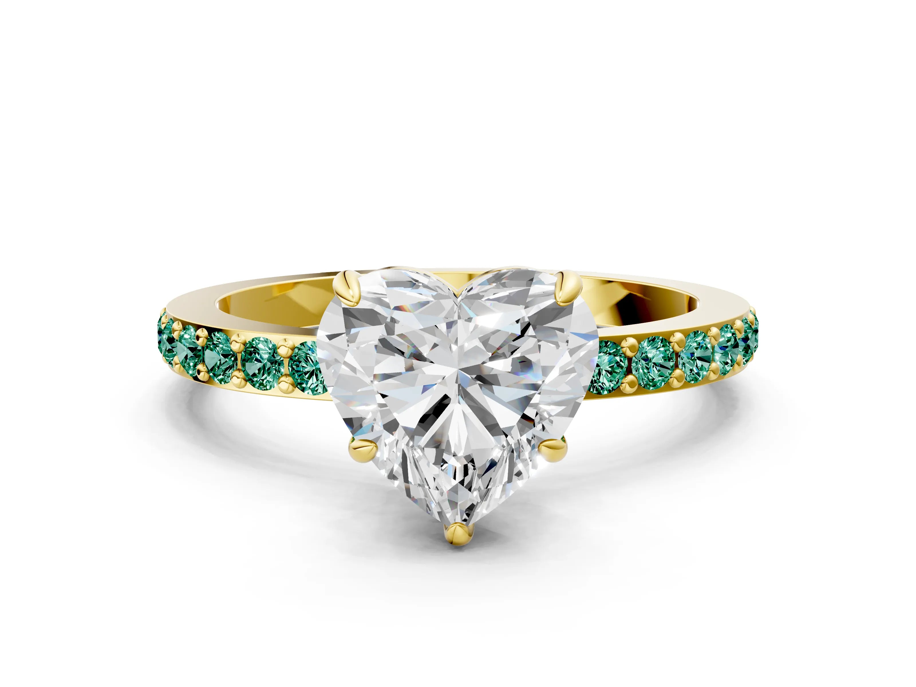 Yellow gold Heart Cut Diamond Pavé Engagement Ring with Round with Green Sapphire side stone Accents and Prong Setting