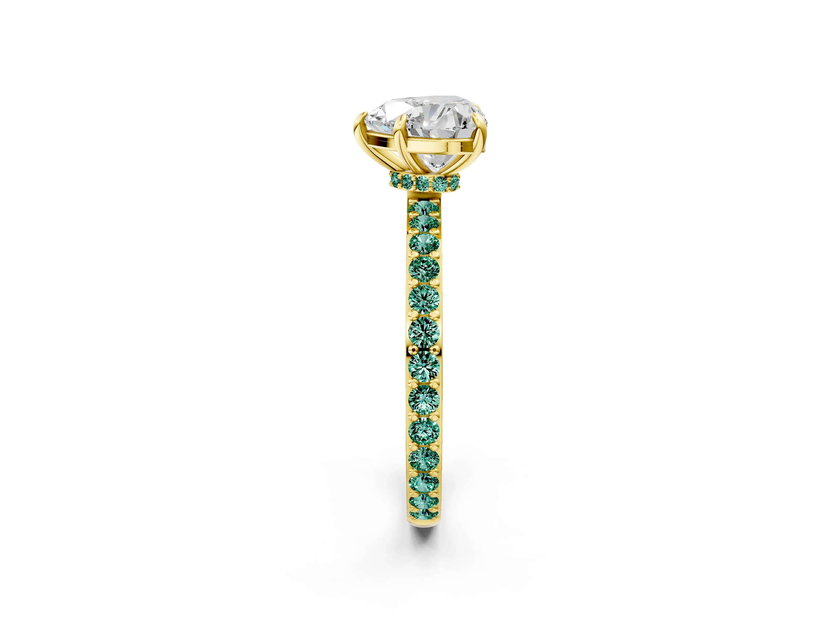 Yellow gold Heart Cut Diamond Pavé Engagement Ring with Round with Green Sapphire side stone Accents and Prong Setting_2