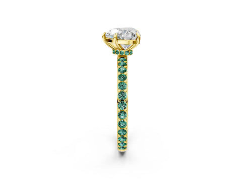 Yellow gold Heart Cut Diamond Pavé Engagement Ring with Round with Green Sapphire side stone Accents and Prong Setting_2