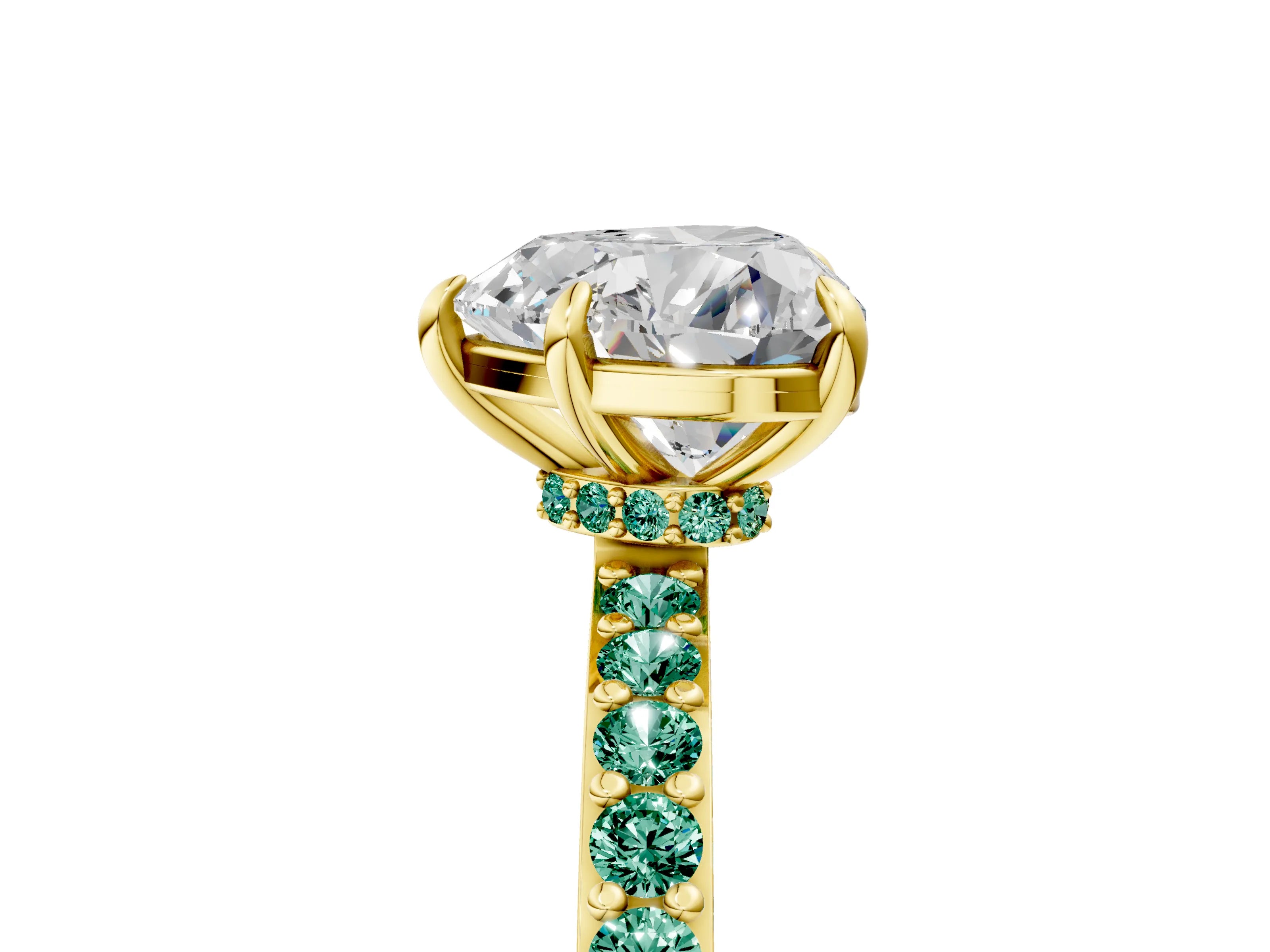 Yellow gold Heart Cut Diamond Pavé Engagement Ring with Round with Green Sapphire side stone Accents and Prong Setting_5