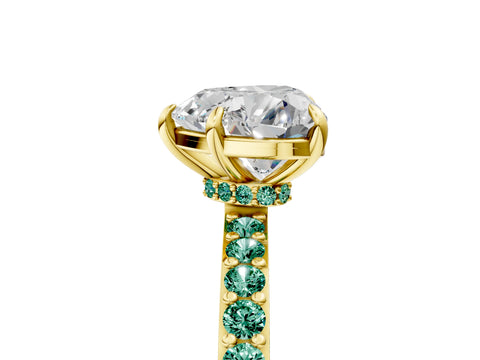 Yellow gold Heart Cut Diamond Pavé Engagement Ring with Round with Green Sapphire side stone Accents and Prong Setting_5