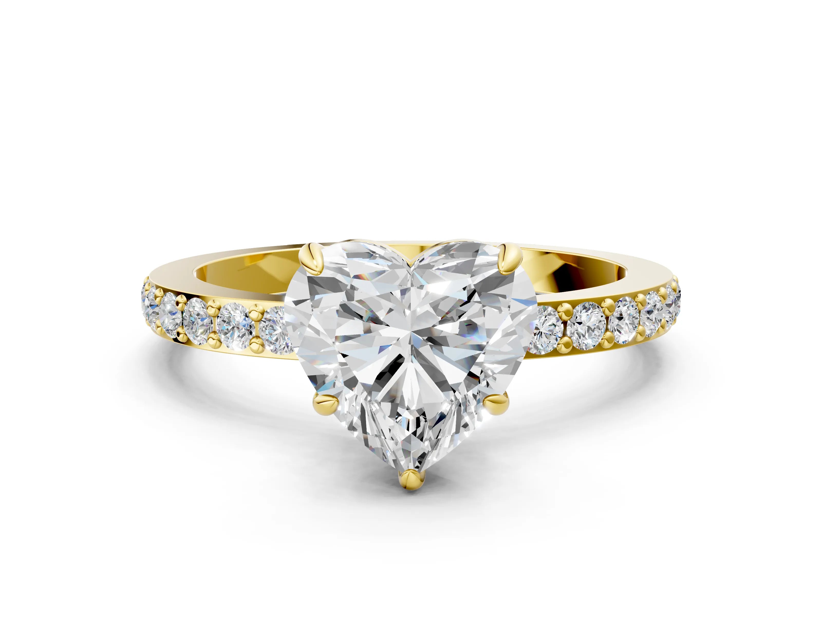 Yellow gold Heart Cut Diamond Pavé Engagement Ring with Round with Moissanite side stone Accents and Prong Setting