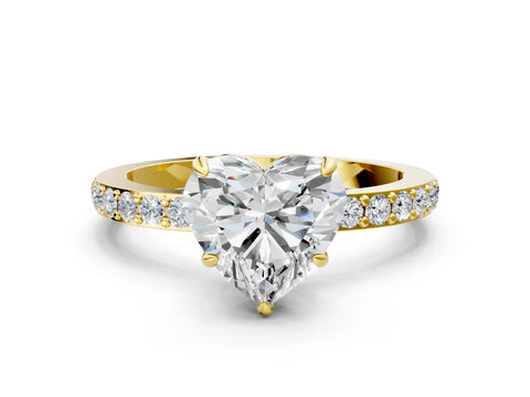 Yellow gold Heart Cut Diamond Pavé Engagement Ring with Round with Moissanite side stone Accents and Prong Setting