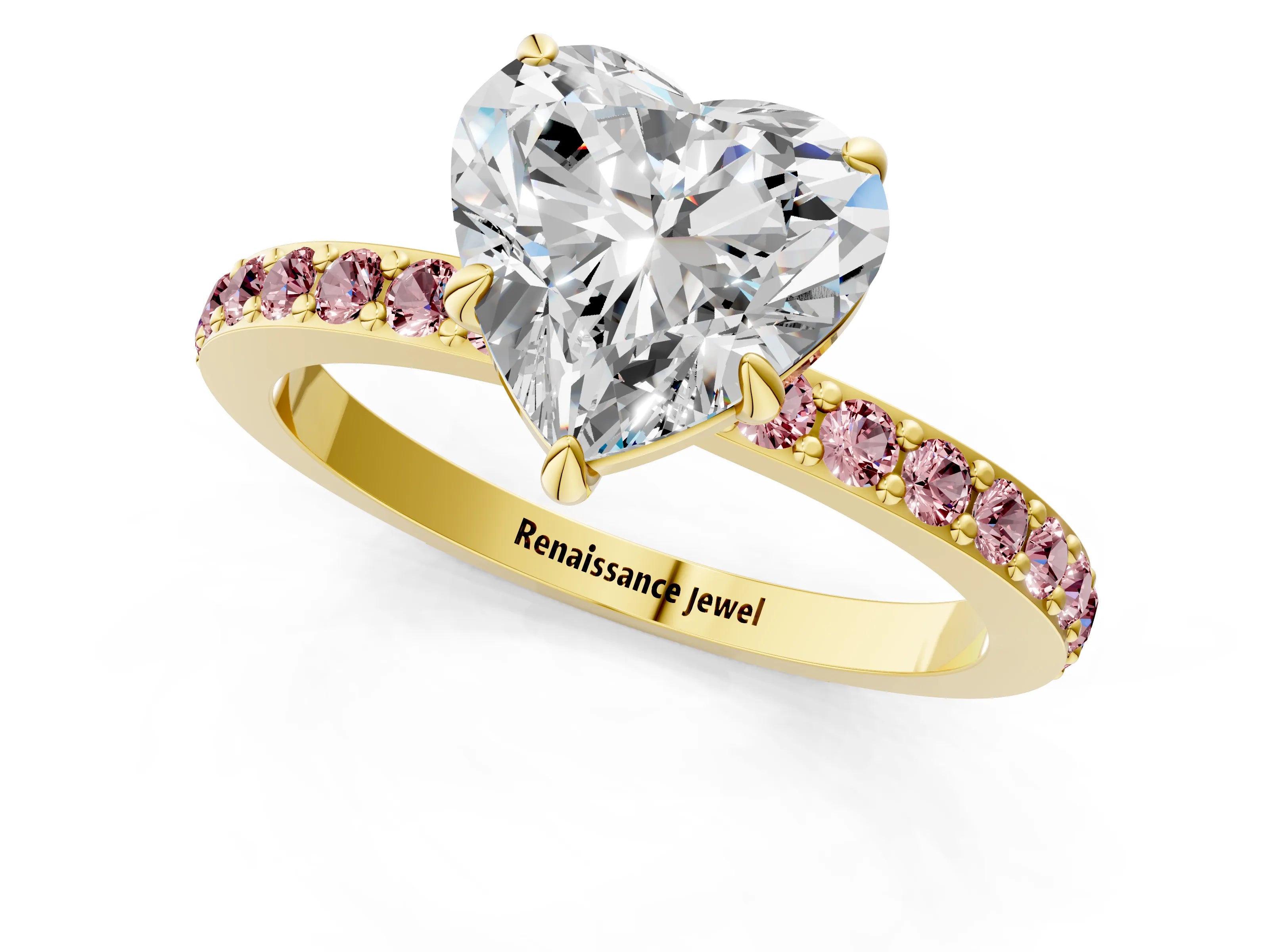 Yellow gold Heart Cut Diamond Pavé Engagement Ring with Round with Morganite side stone Accents and Prong Setting_1