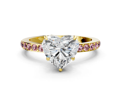 Yellow gold Heart Cut Diamond Pavé Engagement Ring with Round with Morganite side stone Accents and Prong Setting