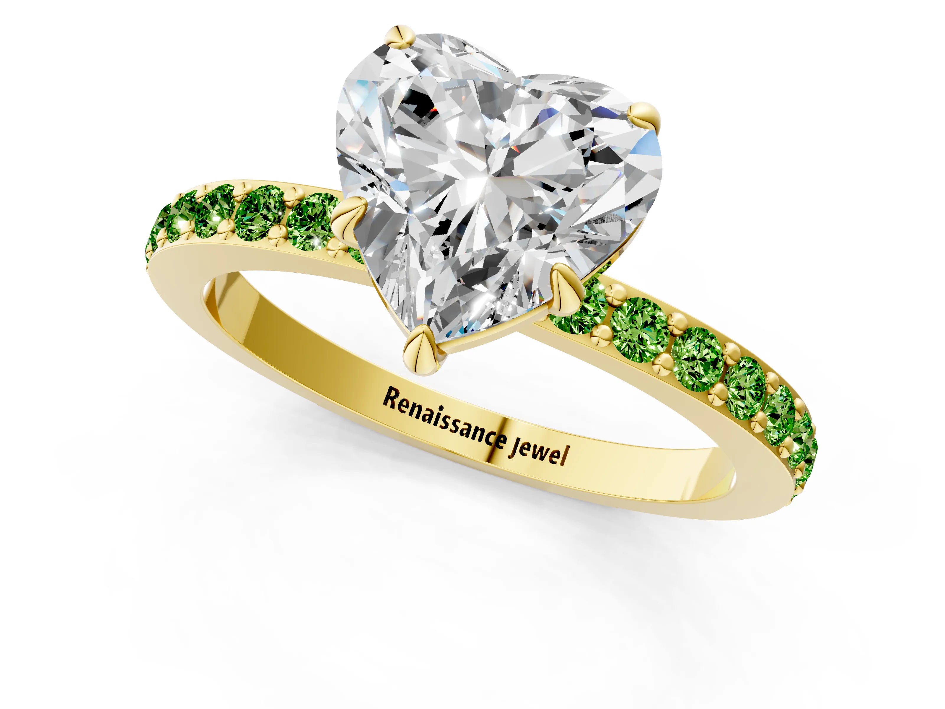 Yellow gold Heart Cut Diamond Pavé Engagement Ring with Round with Peridot side stone Accents and Prong Setting_1