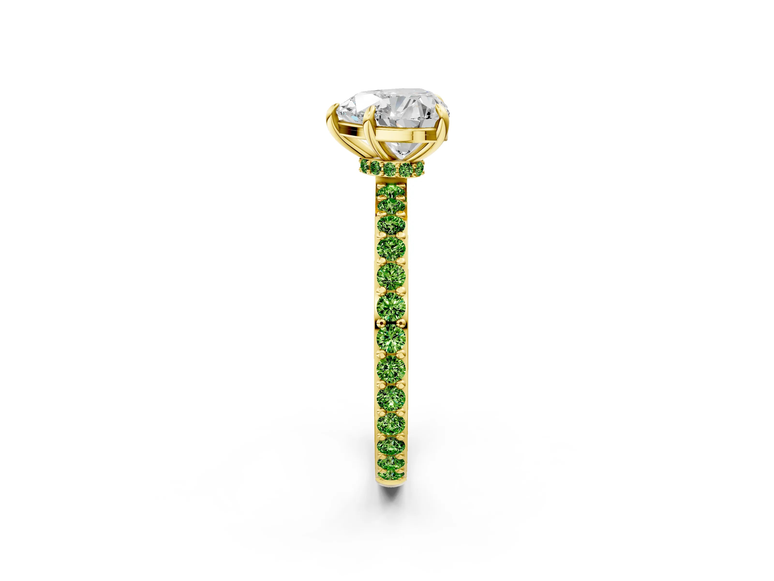 Yellow gold Heart Cut Diamond Pavé Engagement Ring with Round with Peridot side stone Accents and Prong Setting_2