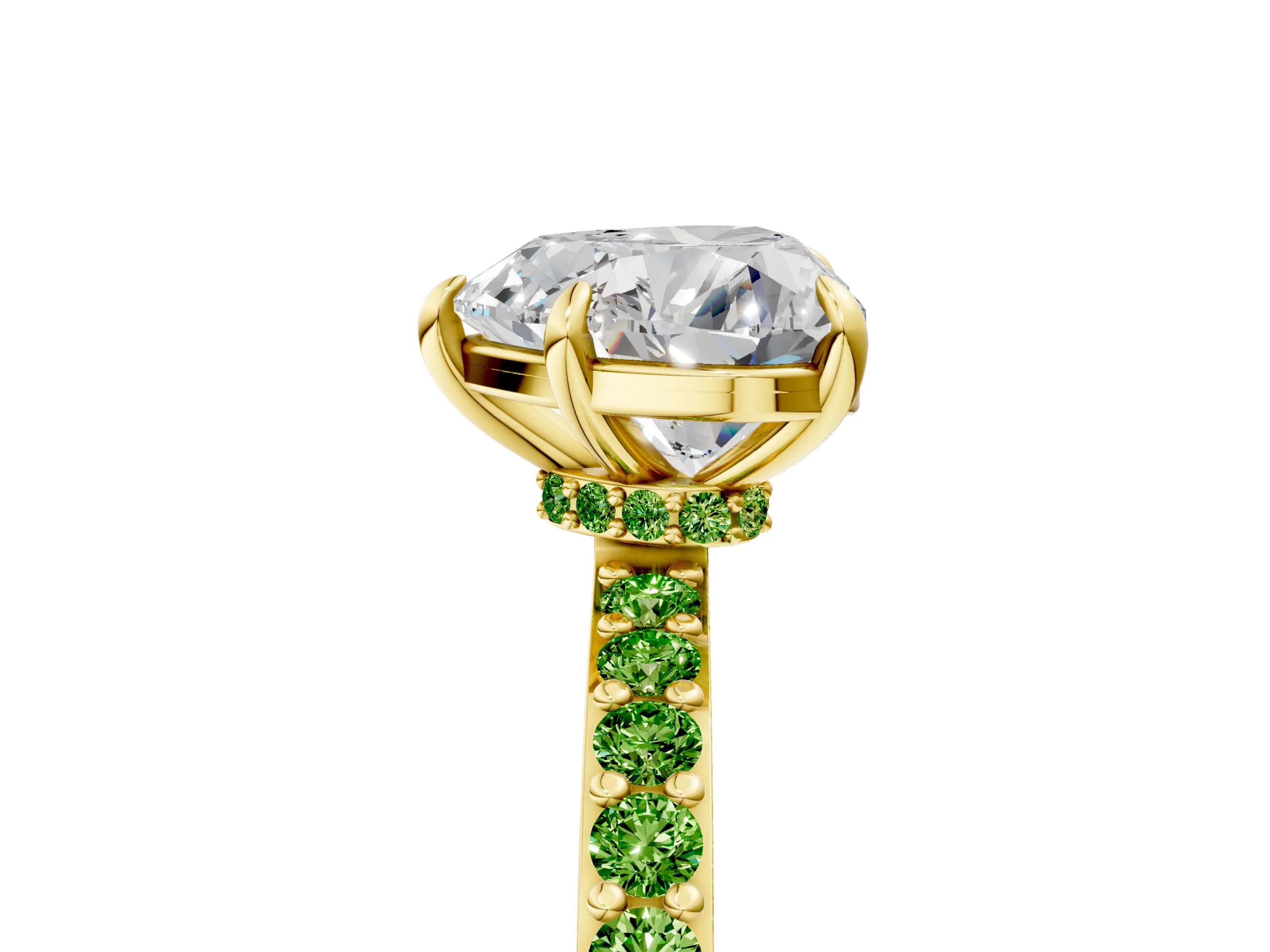 Yellow gold Heart Cut Diamond Pavé Engagement Ring with Round with Peridot side stone Accents and Prong Setting_5