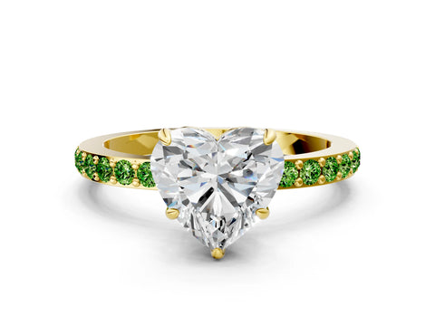 Yellow gold Heart Cut Diamond Pavé Engagement Ring with Round with Peridot side stone Accents and Prong Setting