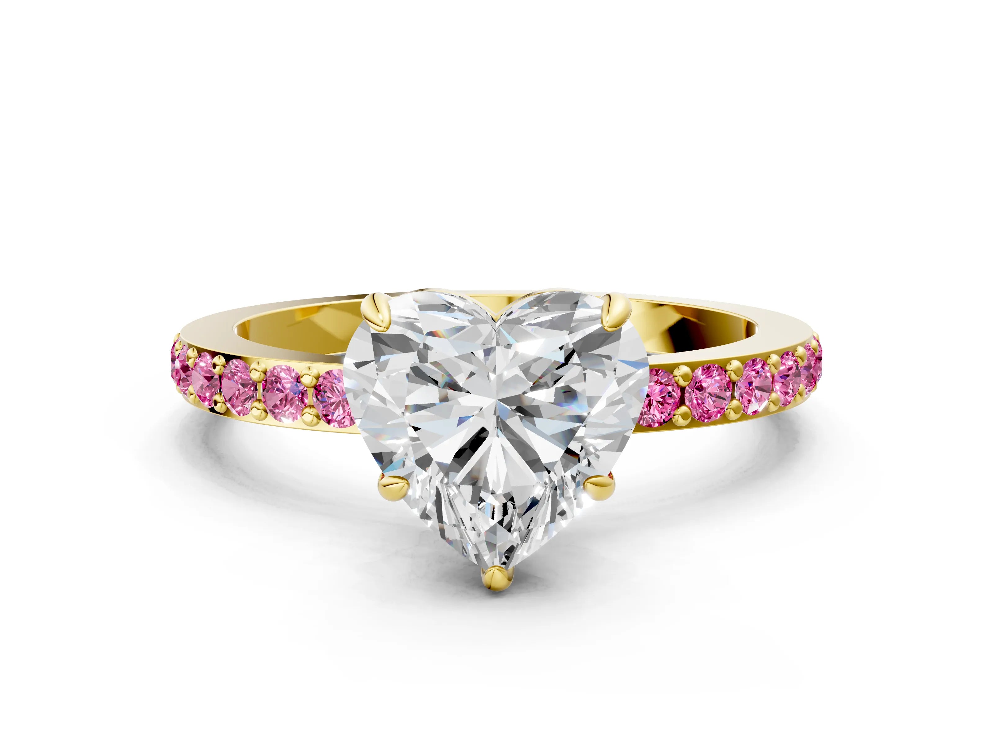 Yellow gold Heart Cut Diamond Pavé Engagement Ring with Round with Pink Sapphire side stone Accents and Prong Setting