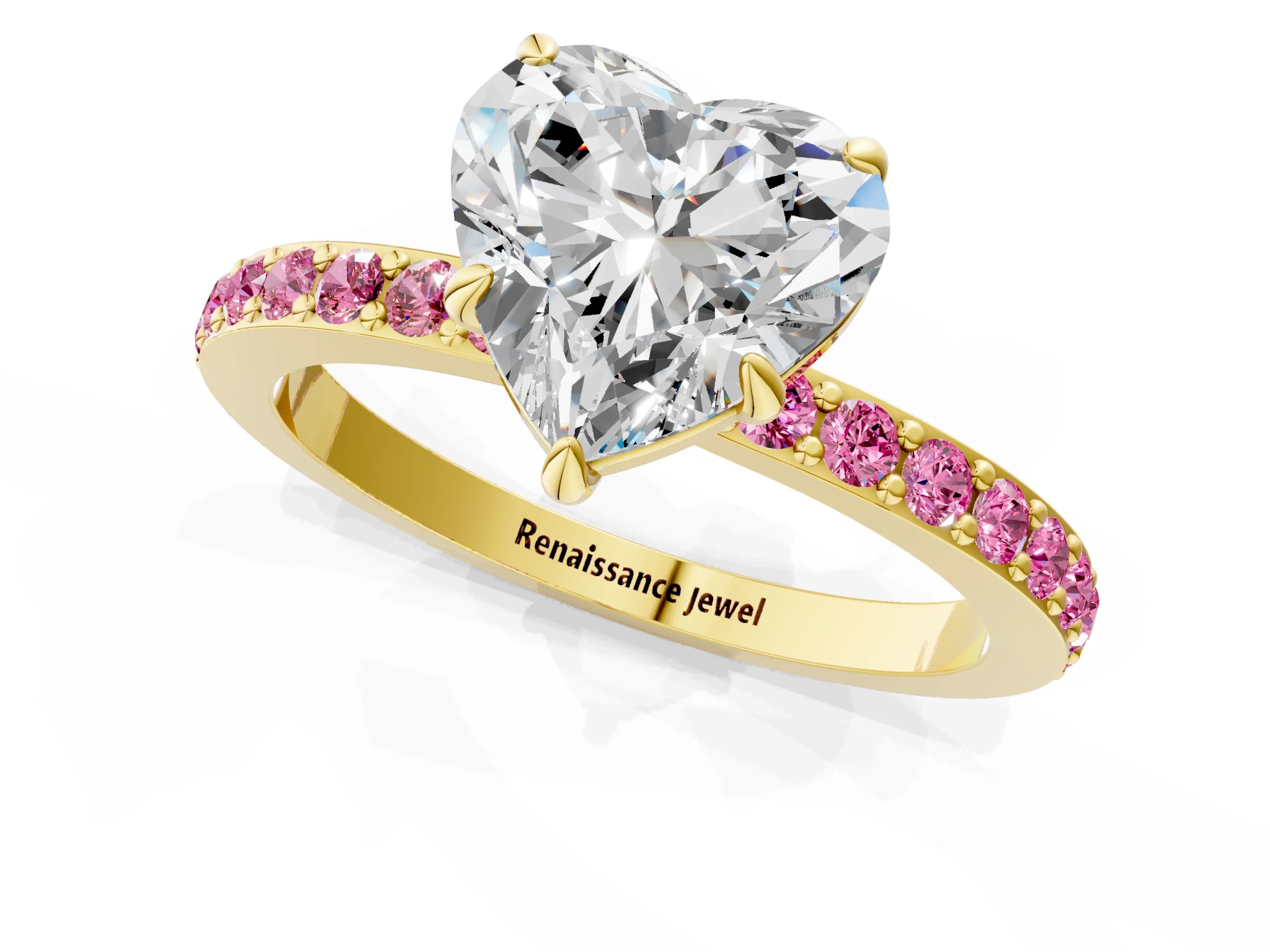Yellow gold Heart Cut Diamond Pavé Engagement Ring with Round with Pink Sapphire side stone Accents and Prong Setting_1