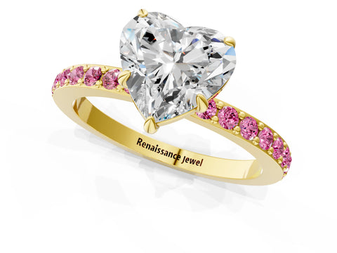 Yellow gold Heart Cut Diamond Pavé Engagement Ring with Round with Pink Sapphire side stone Accents and Prong Setting_1