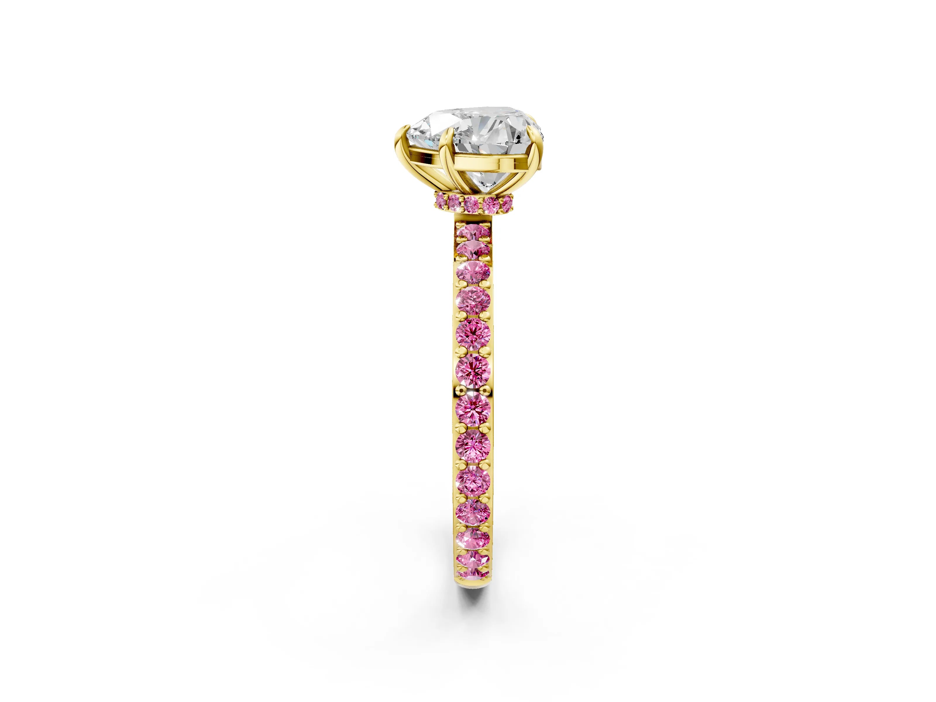 Yellow gold Heart Cut Diamond Pavé Engagement Ring with Round with Pink Sapphire side stone Accents and Prong Setting_2