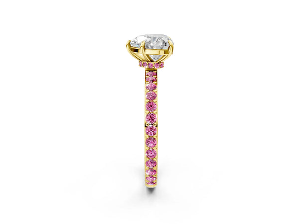 Yellow Gold Heart-Shaped Hidden Halo Engagement Ring Setting with Lab-Grown Pink Sapphire Pave Band