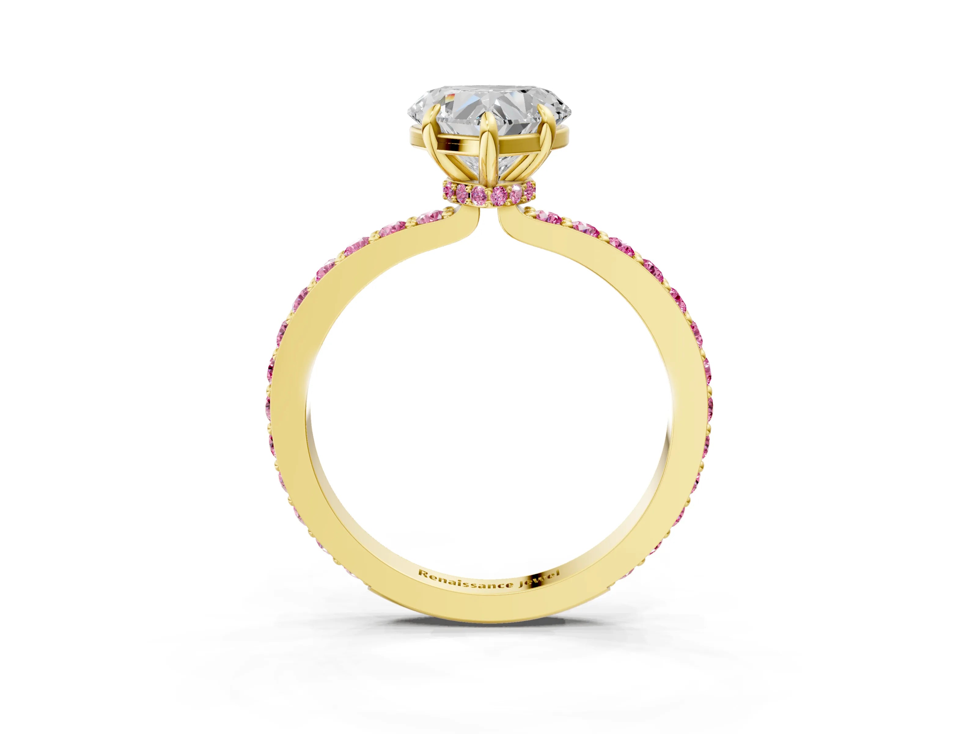 Yellow gold Heart Cut Diamond Pavé Engagement Ring with Round with Pink Sapphire side stone Accents and Prong Setting_3