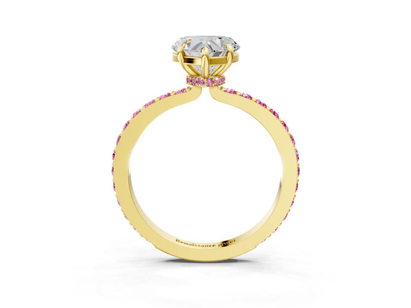Yellow Gold Heart-Shaped Hidden Halo Engagement Ring Setting with Lab-Grown Pink Sapphire Pave Band