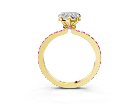 Yellow gold Heart Cut Diamond Pavé Engagement Ring with Round with Pink Sapphire side stone Accents and Prong Setting_3