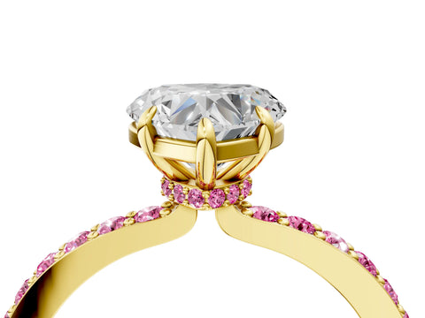 Yellow gold Heart Cut Diamond Pavé Engagement Ring with Round with Pink Sapphire side stone Accents and Prong Setting_4