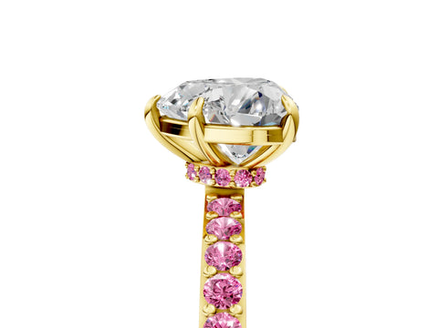 Yellow gold Heart Cut Diamond Pavé Engagement Ring with Round with Pink Sapphire side stone Accents and Prong Setting_5