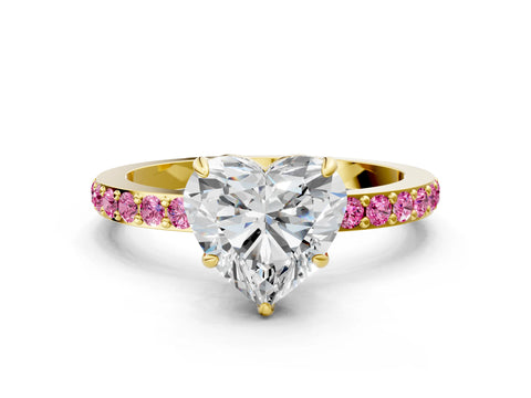 Yellow gold Heart Cut Diamond Pavé Engagement Ring with Round with Pink Sapphire side stone Accents and Prong Setting