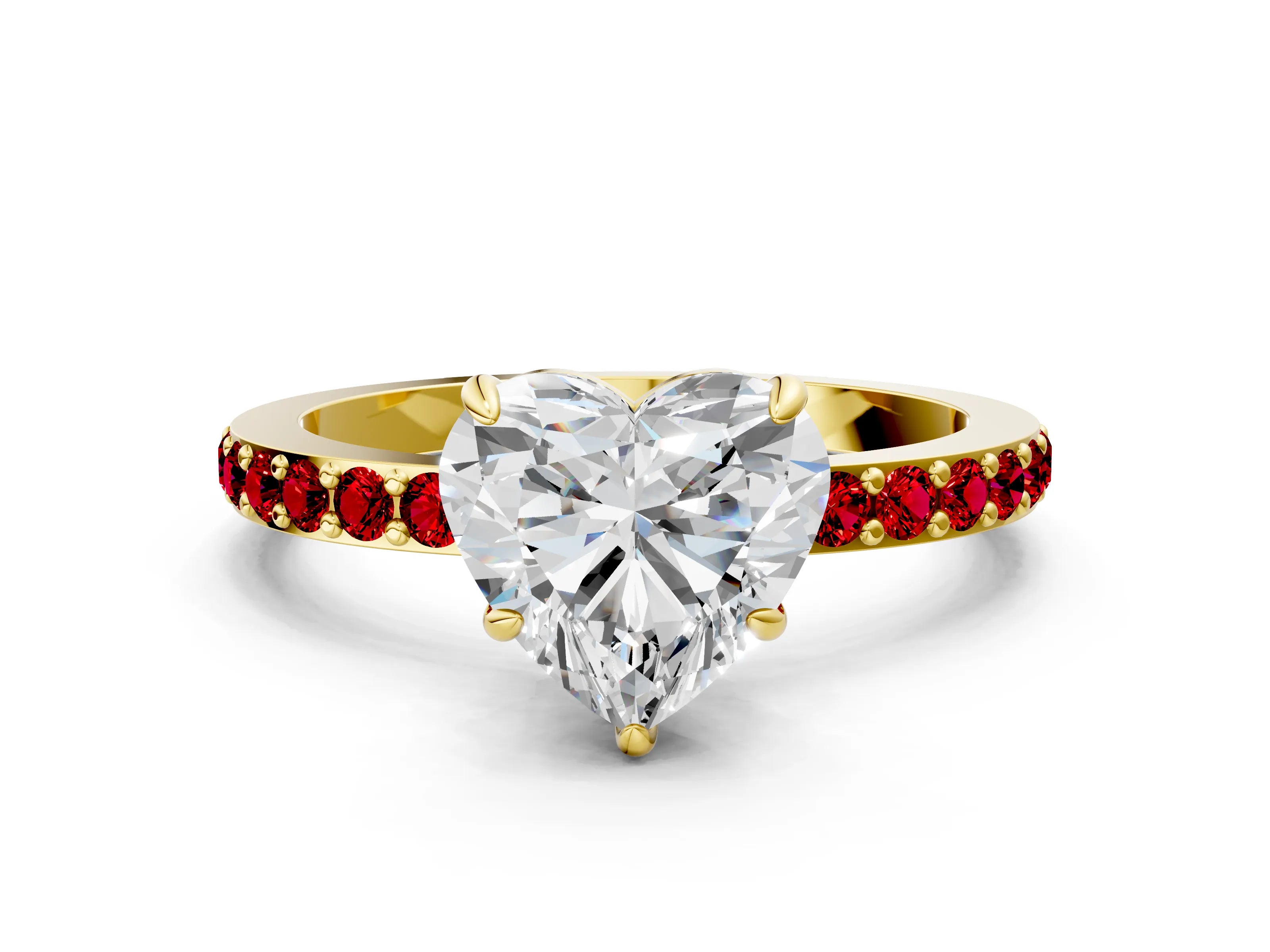 Yellow gold Heart Cut Diamond Pavé Engagement Ring with Round with Ruby side stone Accents and Prong Setting