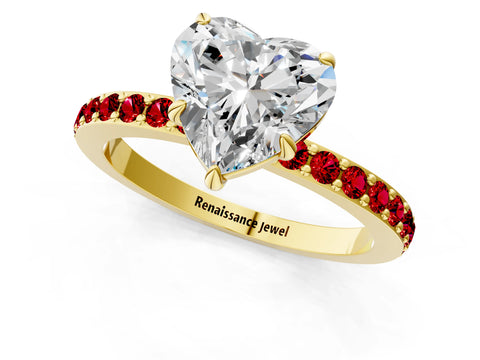 Yellow gold Heart Cut Diamond Pavé Engagement Ring with Round with Ruby side stone Accents and Prong Setting_1