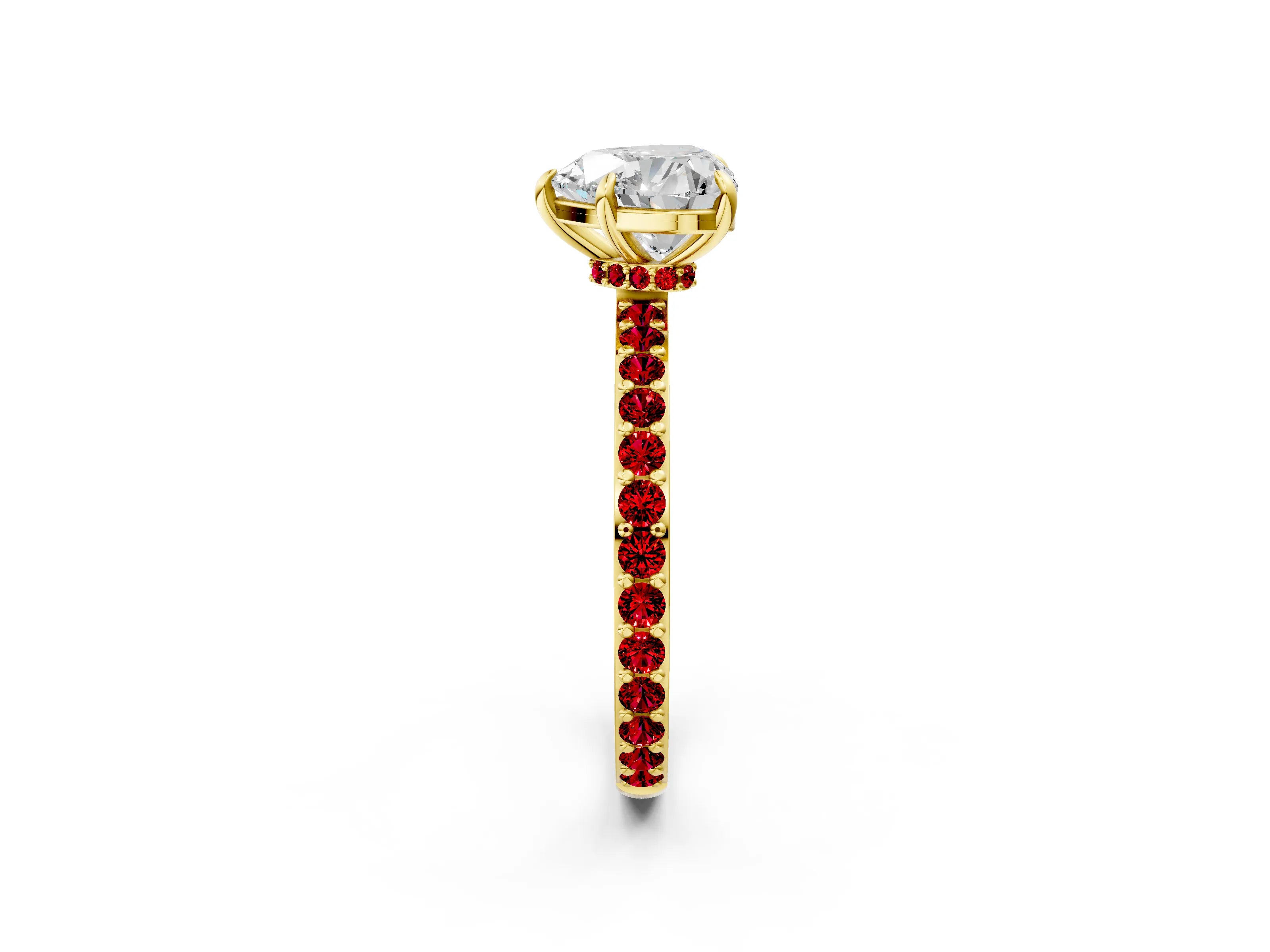 Yellow gold Heart Cut Diamond Pavé Engagement Ring with Round with Ruby side stone Accents and Prong Setting_2