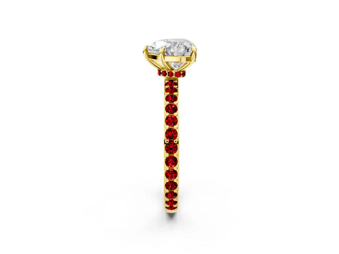 Yellow gold Heart Cut Diamond Pavé Engagement Ring with Round with Ruby side stone Accents and Prong Setting_2