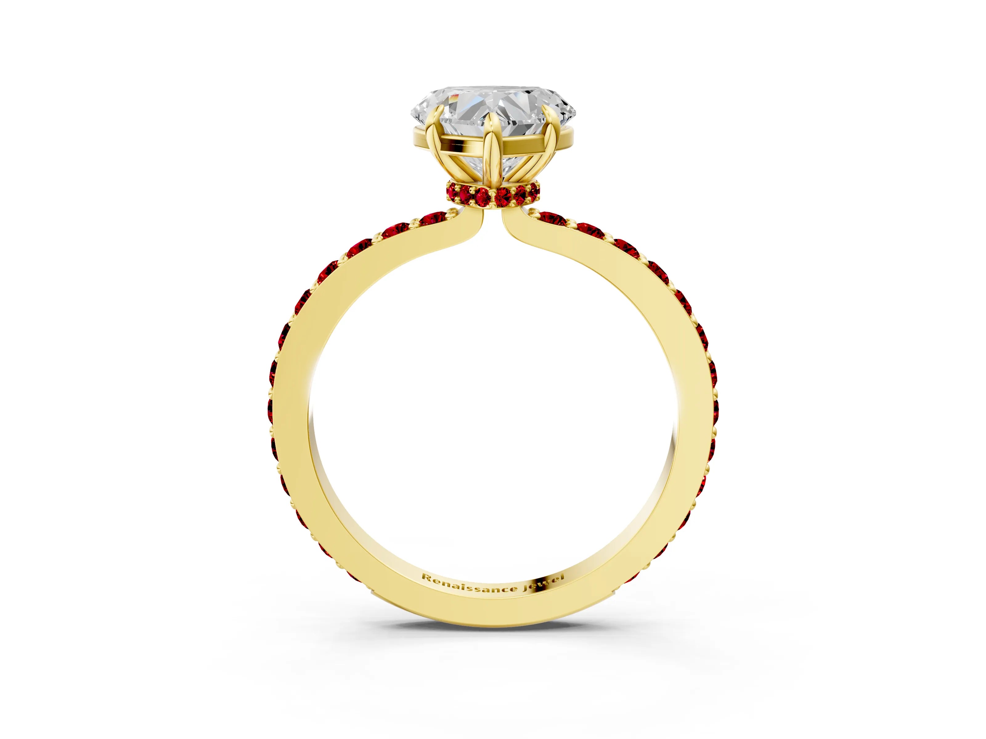 Yellow gold Heart Cut Diamond Pavé Engagement Ring with Round with Ruby side stone Accents and Prong Setting_3