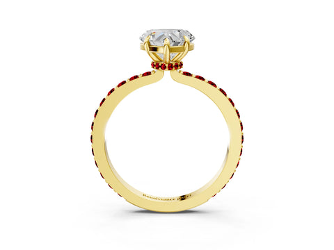 Yellow gold Heart Cut Diamond Pavé Engagement Ring with Round with Ruby side stone Accents and Prong Setting_3