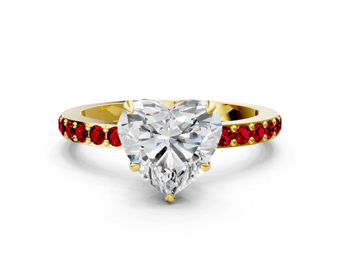 Yellow gold Heart Cut Diamond Pavé Engagement Ring with Round with Ruby side stone Accents and Prong Setting