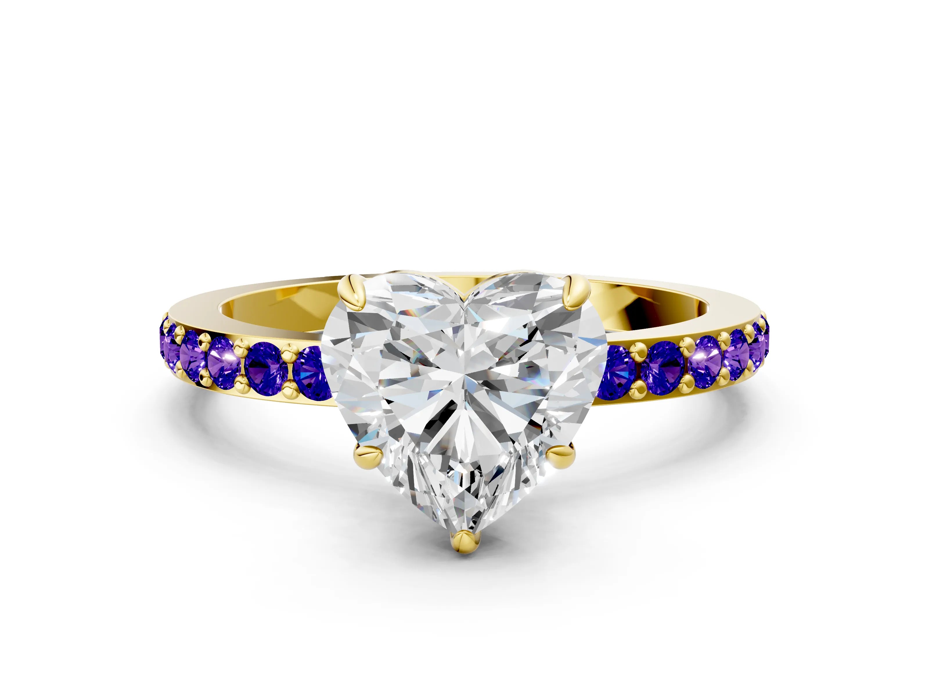 Yellow gold Heart Cut Diamond Pavé Engagement Ring with Round with Tanzanite side stone Accents and Prong Setting