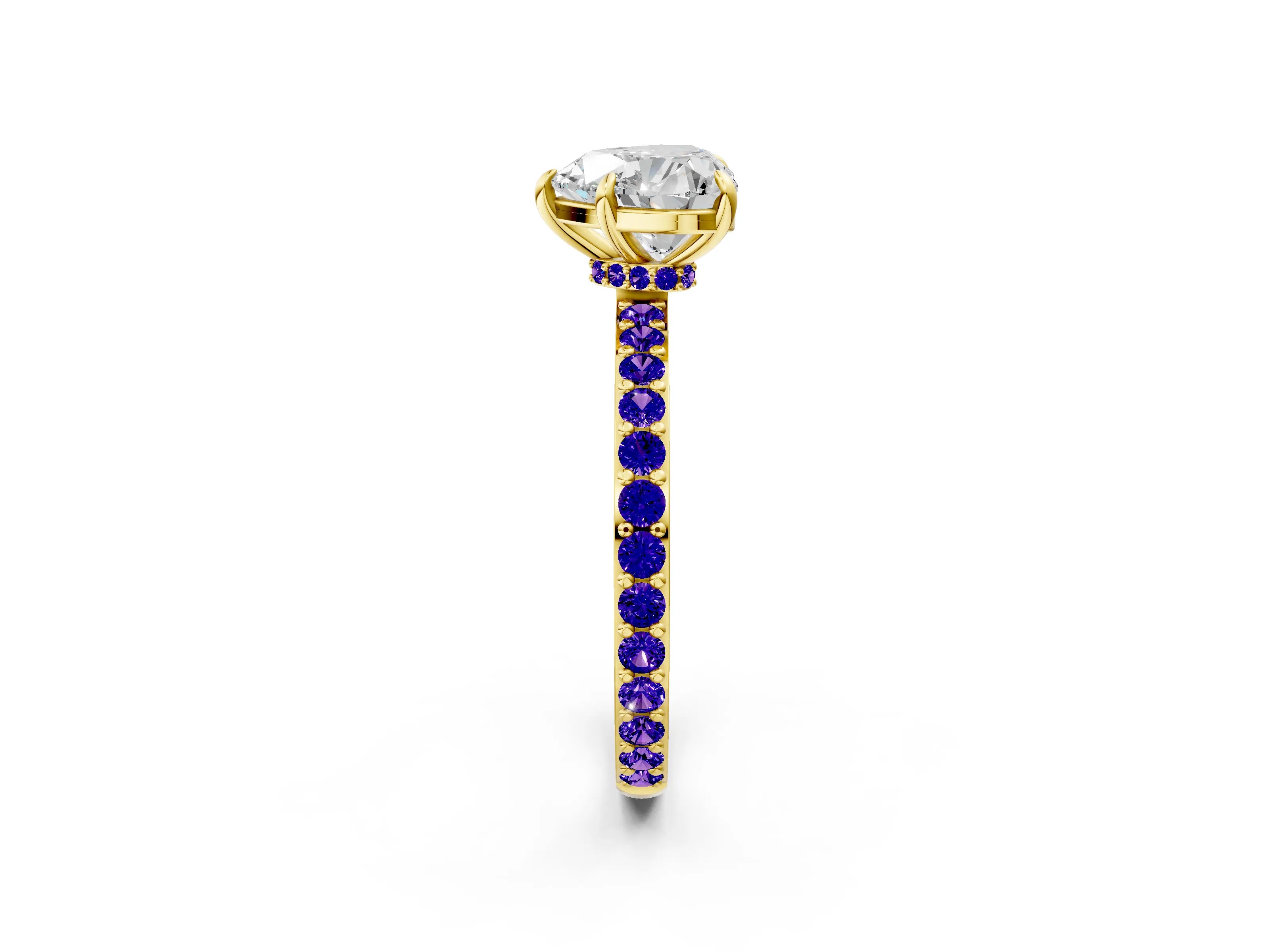 Yellow gold Heart Cut Diamond Pavé Engagement Ring with Round with Tanzanite side stone Accents and Prong Setting_2