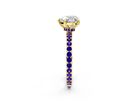 Yellow gold Heart Cut Diamond Pavé Engagement Ring with Round with Tanzanite side stone Accents and Prong Setting_2