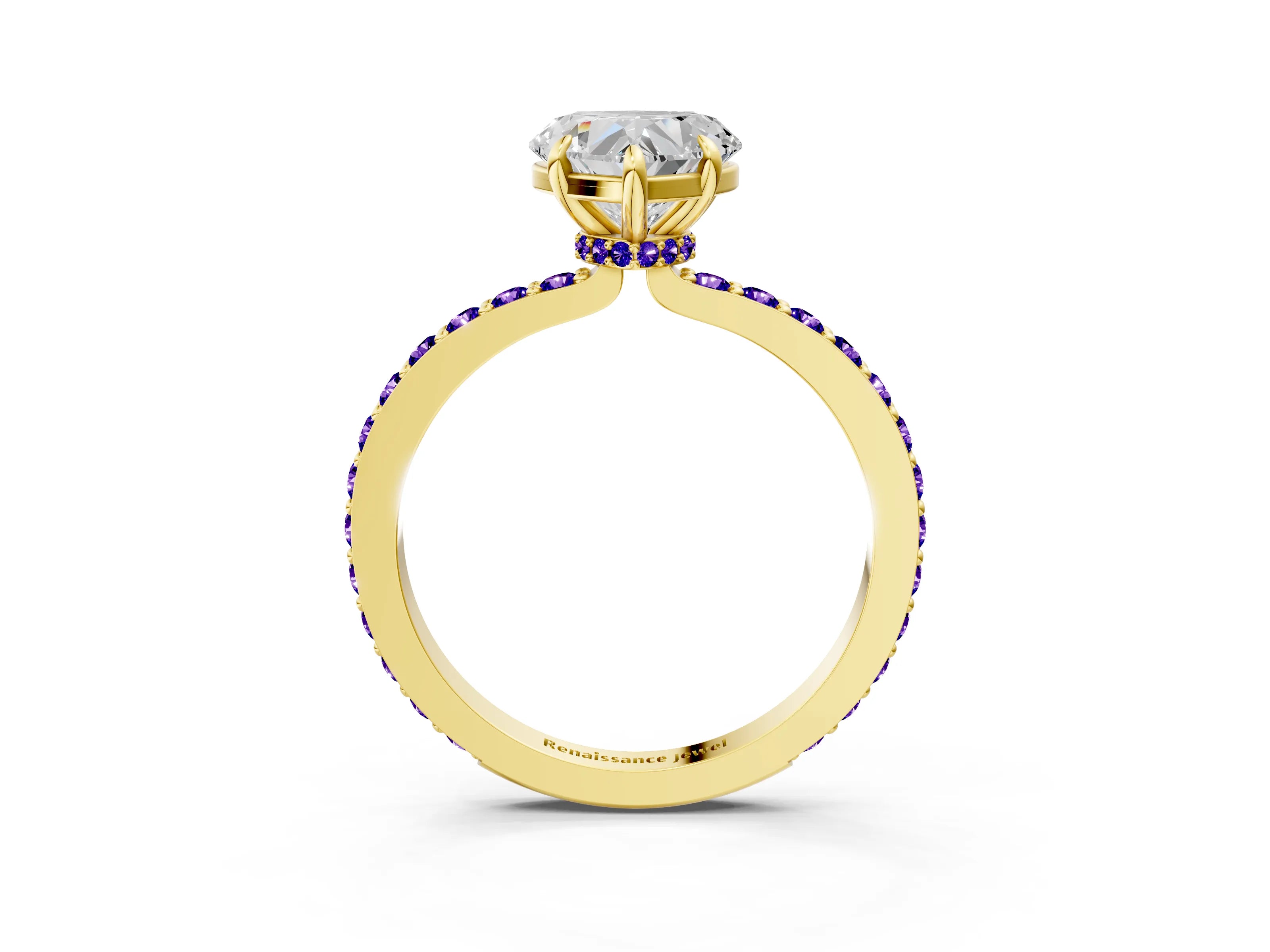 Yellow gold Heart Cut Diamond Pavé Engagement Ring with Round with Tanzanite side stone Accents and Prong Setting_3