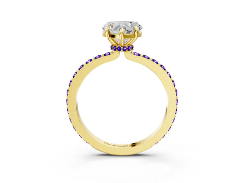 Yellow gold Heart Cut Diamond Pavé Engagement Ring with Round with Tanzanite side stone Accents and Prong Setting_3