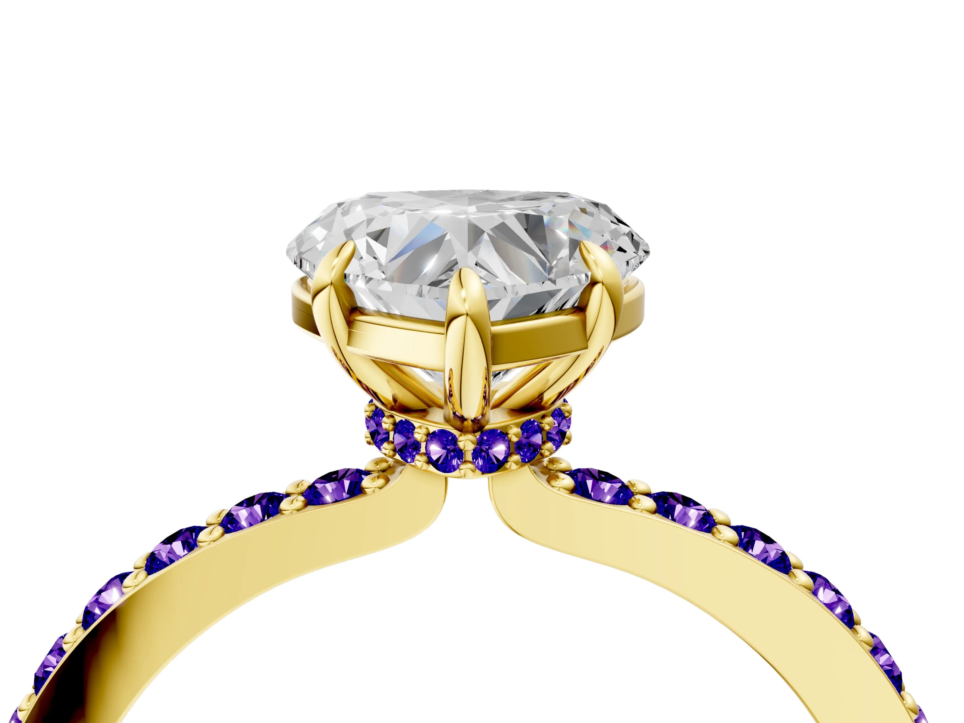 Yellow gold Heart Cut Diamond Pavé Engagement Ring with Round with Tanzanite side stone Accents and Prong Setting_4