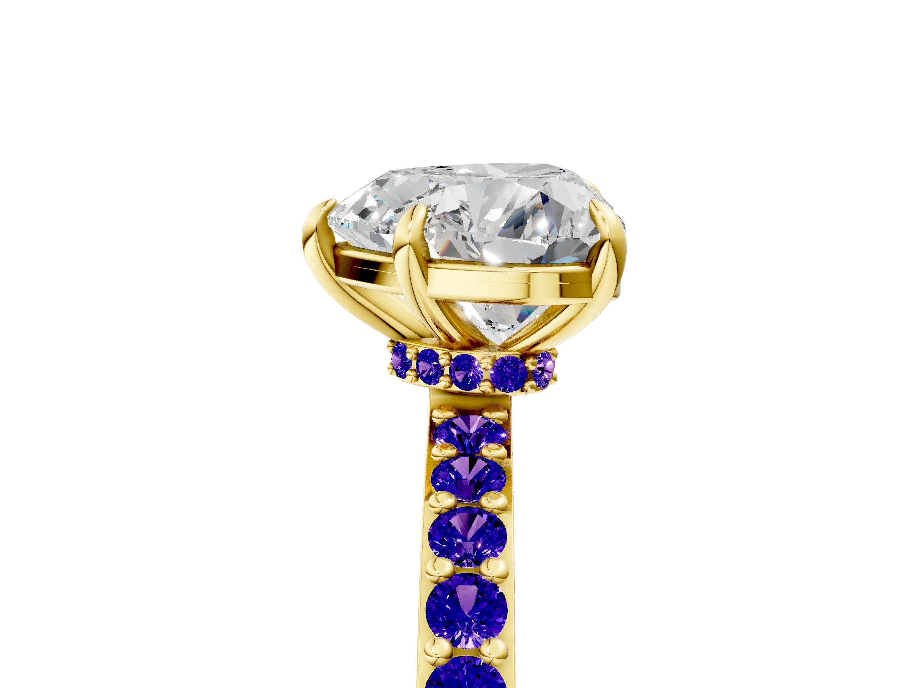 Yellow gold Heart Cut Diamond Pavé Engagement Ring with Round with Tanzanite side stone Accents and Prong Setting_5