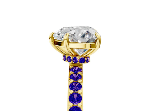 Yellow gold Heart Cut Diamond Pavé Engagement Ring with Round with Tanzanite side stone Accents and Prong Setting_5