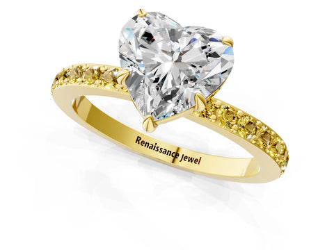 Yellow gold Heart Cut Diamond Pavé Engagement Ring with Round with Yellow Sapphire side stone Accents and Prong Setting_1