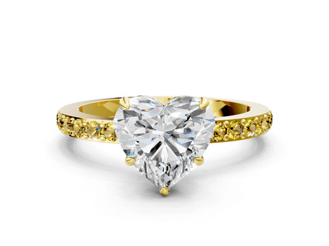 Yellow gold Heart Cut Diamond Pavé Engagement Ring with Round with Yellow Sapphire side stone Accents and Prong Setting