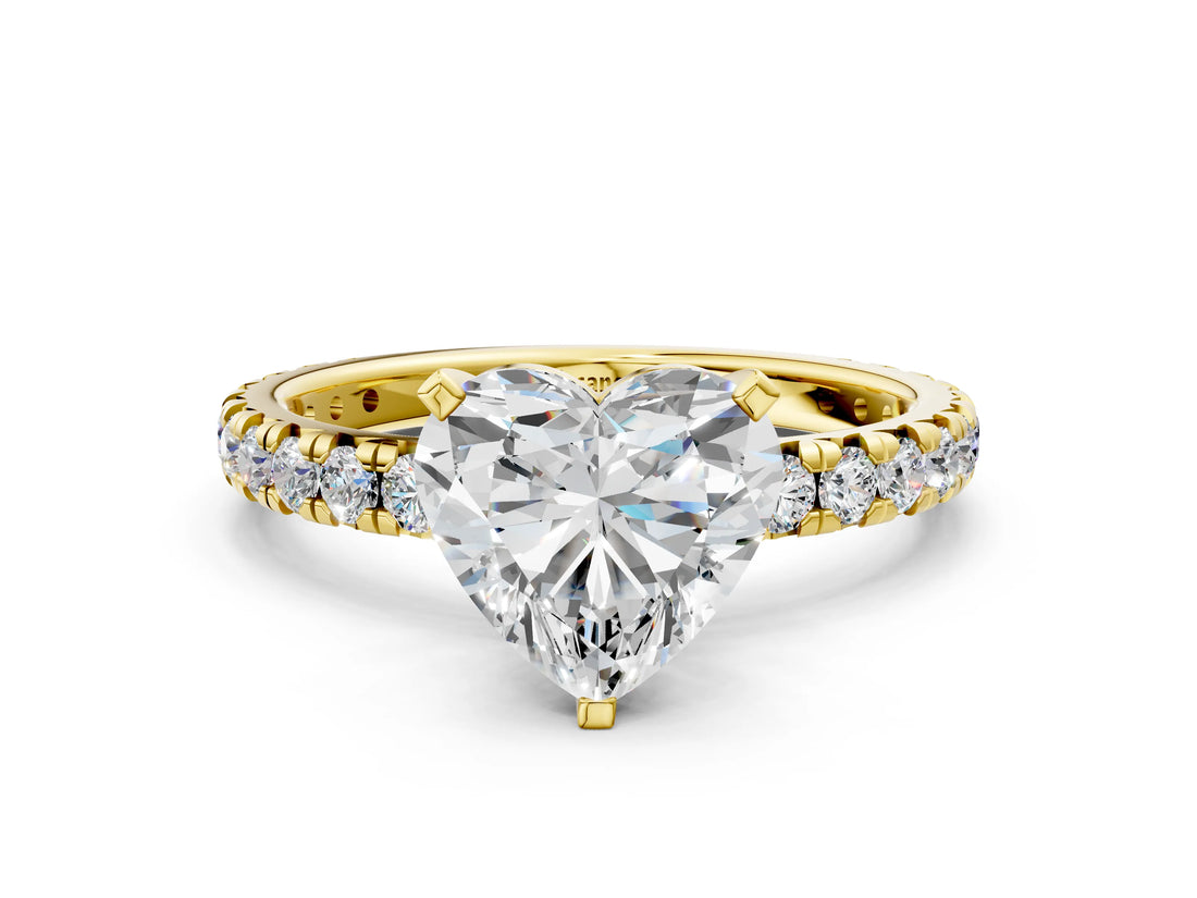 Yellow gold Heart Cut Diamond Pavé Solitaire Ring with Round Band and Prong Setting_12