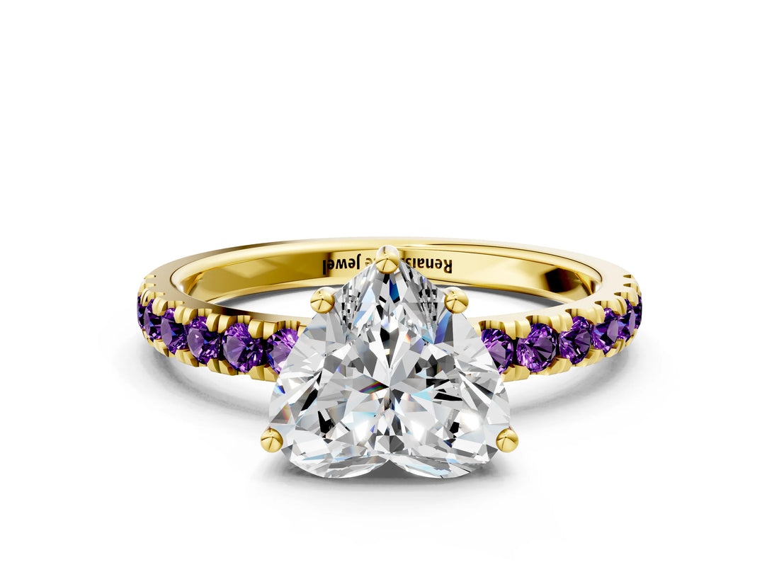 Yellow gold Heart Cut Diamond Pave Band Solitaire Ring with Round with Amethyst side stone and Prong Setting