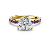 Yellow gold Heart Cut Diamond Pave Band Solitaire Ring with Round with Amethyst side stone and Prong Setting