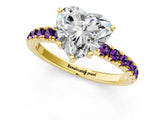 Yellow gold Heart Cut Diamond Pave Band Solitaire Ring with Round with Amethyst side stone and Prong Setting_1