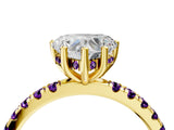 Yellow gold Heart Cut Diamond Pave Band Solitaire Ring with Round with Amethyst side stone and Prong Setting_4