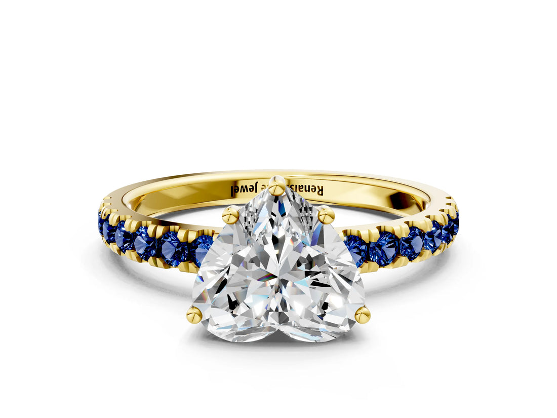 Yellow gold Heart Cut Diamond Pave Band Solitaire Ring with Round with Blue Sapphire side stone and Prong Setting_12
