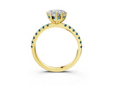 Yellow gold Heart Cut Diamond Pave Band Solitaire Ring with Round with Blue Topaz side stone and Prong Setting_15